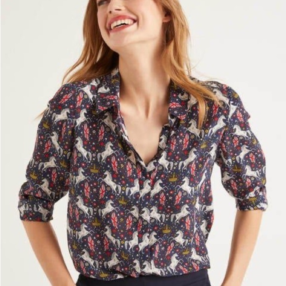 Boden Navy Blue Crown and Country Silk Button Down Shirt Blouse Horse British